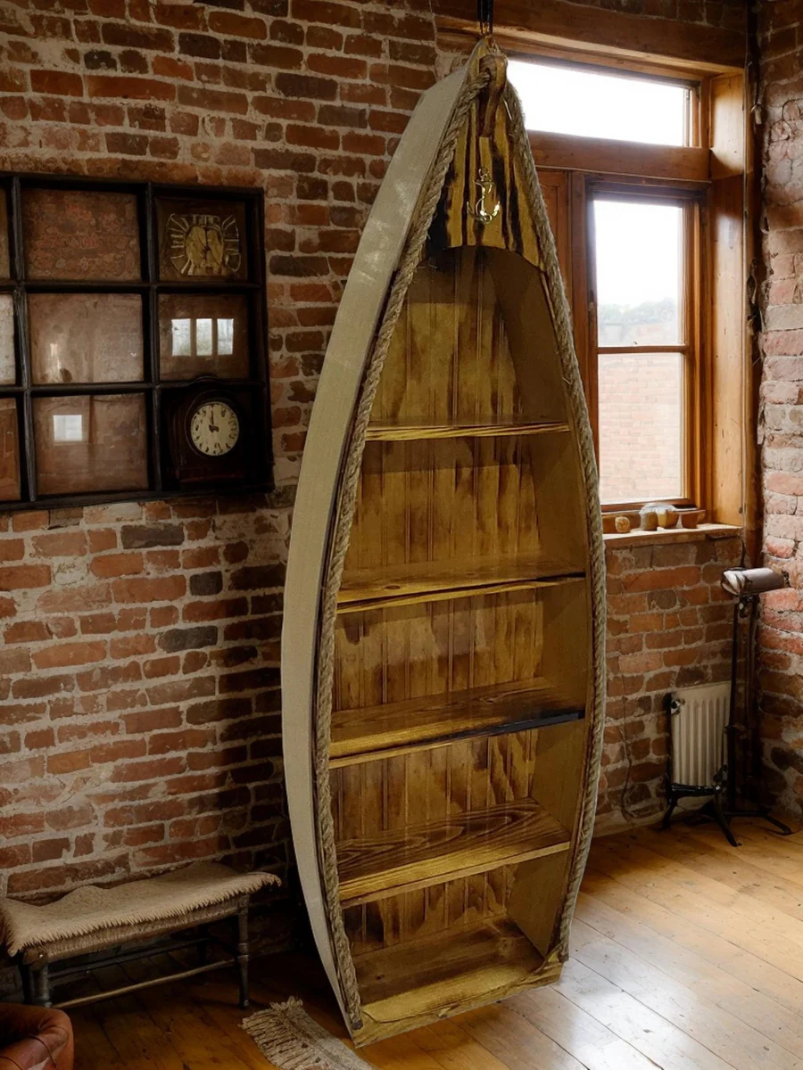 "Handmade wooden boat bookshelf with a rustic design, featuring rope accents and natural wood shelves, set against an exposed brick wall in a modern rustic living room."