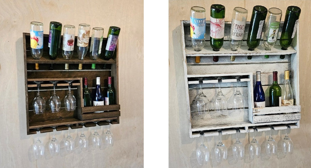 Rustic Wine Rack - Wall Mounted - Amish Handmade Wine Holder - Wine Display With Glass Holder - Gifts - Bar Shelf - Wooden Bottle Holder