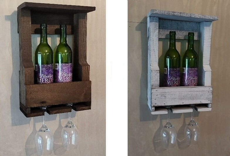 Rustic Wine Rack - Wall Mounted - Amish Handmade Wine Holder - Wine Display With Glass Holder - Gifts - Bar Shelf - Wooden Bottle Holder