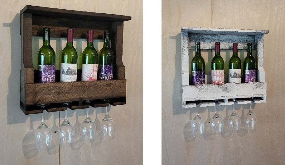 Rustic Wine Shelf - Wall Mounted - Amish Handmade Wine Holder - Wine Display With Glass Holder - Gifts - Bar Rack- Wooden Bottle Holder