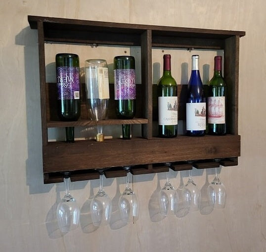 Rustic Wine Rack - Wall Mounted - Amish Handmade Wine Holder - Wine Display With Glass Holder - Gifts - Bar Shelf - Wooden Bottle Holder