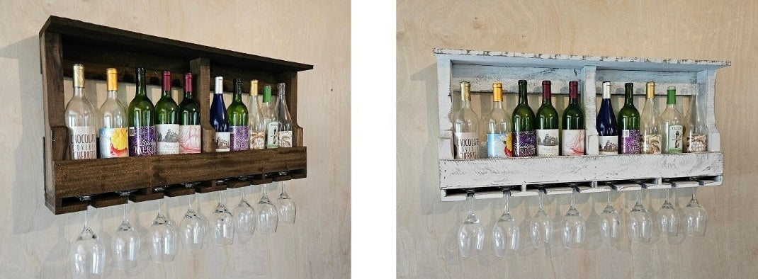 Rustic Wine Shelf - Wall Mounted - Amish Handmade Wine Holder - Wine Display With Glass Holder - Gifts - Bar Rack- Wooden Bottle Holder