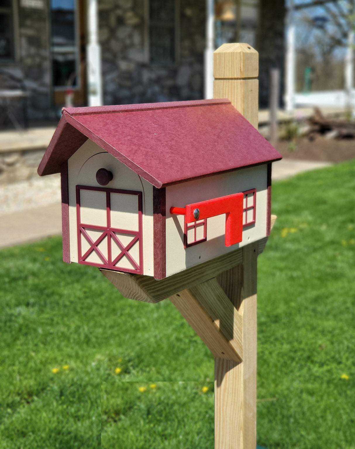 Farmhouse Mailbox - Cherry Roof and Trim, Ivory Box - Amish Barn Mailbox Poly Lumber Handmade - Barn Mailboxes Poly