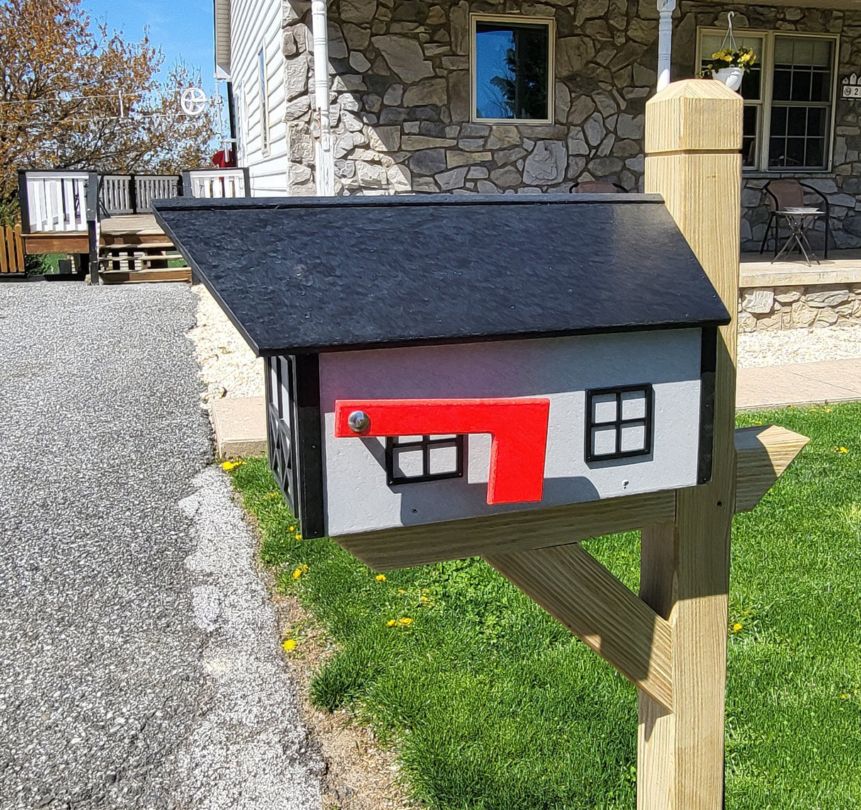 Country Barn Mailbox Dove Box, Black Roof and Trim, Amish Handmade Poly Lumber - Barn Mailboxes Poly