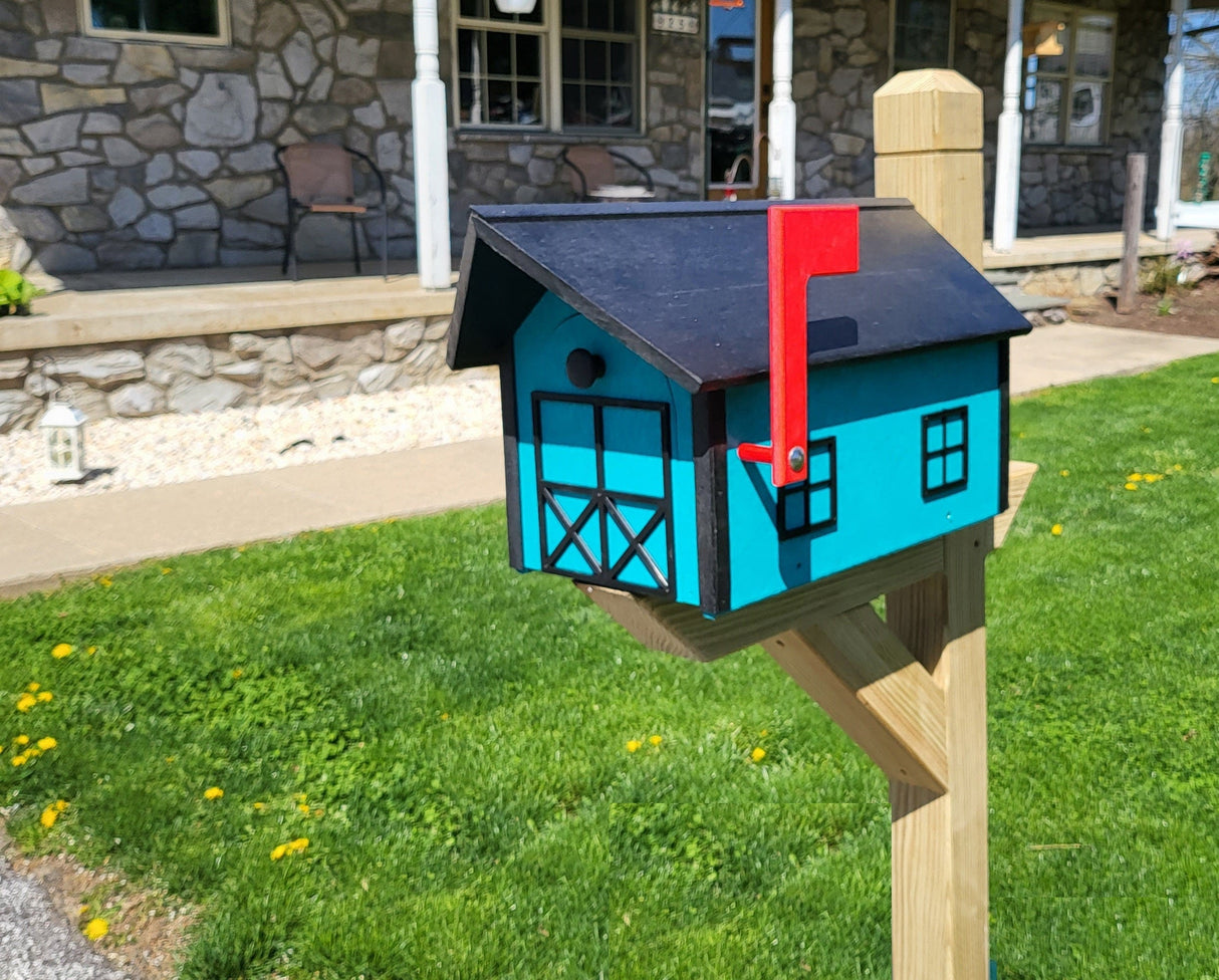 Country Barn Mailbox Teal Box, Black Box and Trim, Amish Handmade Mailbox Poly Lumber Weather Resistant - Barn Mailboxes Poly