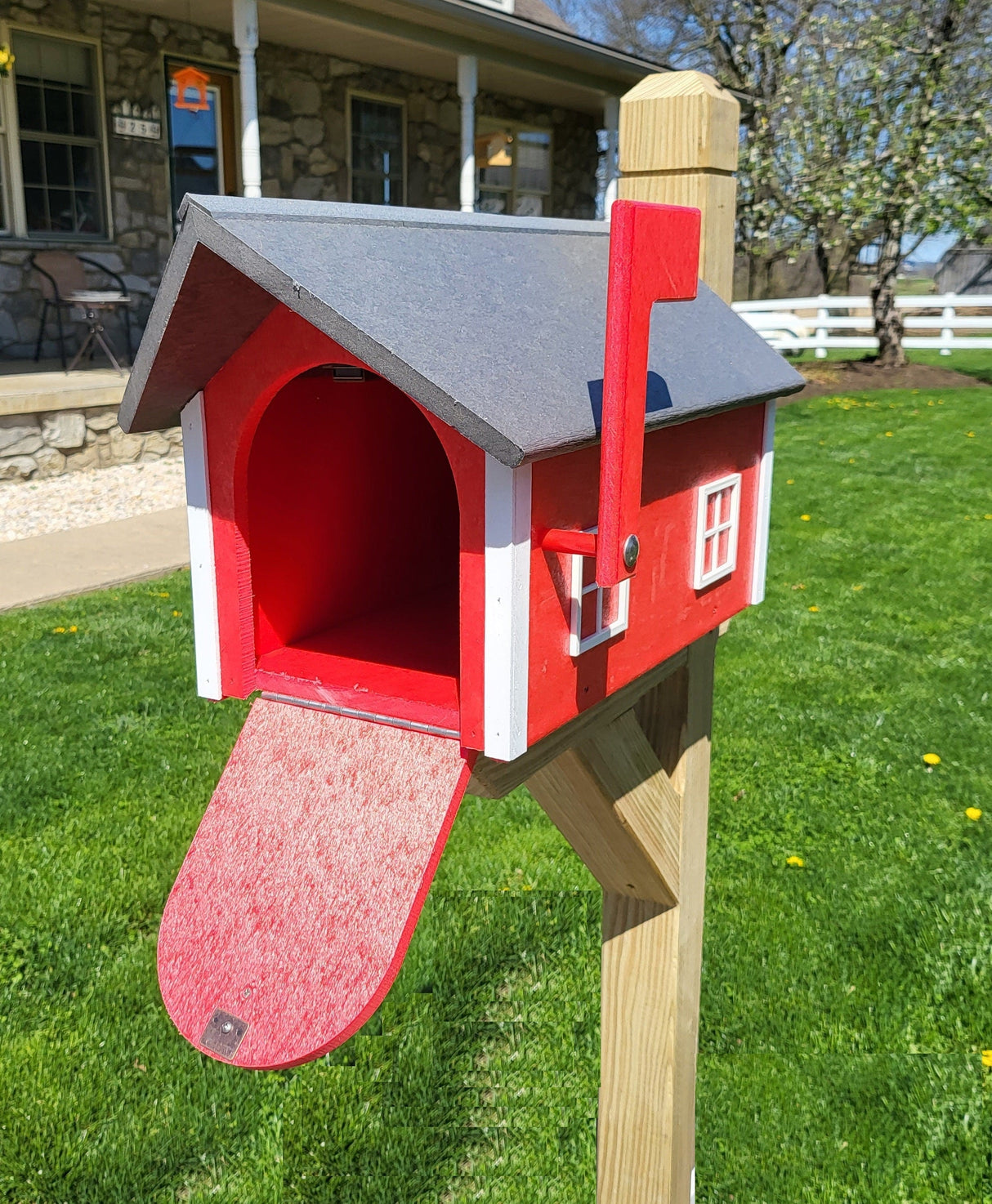 Country Mailbox Red Box, White Trim, Black Roof, Amish Handmade Barn Mailbox Poly Lumber Weather Resistant - Barn Mailboxes Poly
