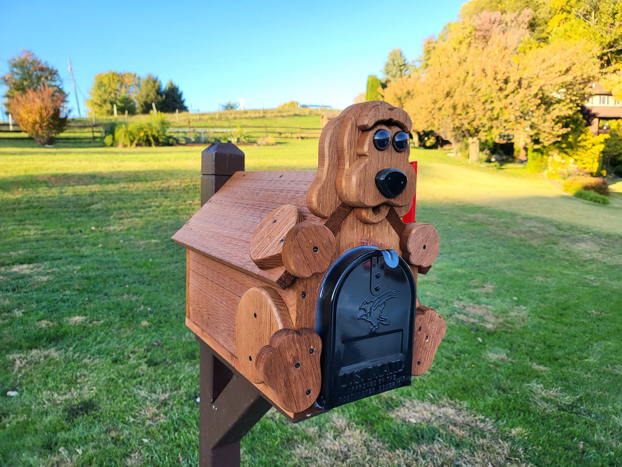 Dog Mailbox Amish Handmade, Wooden With Metal Box Insert USPS Approved - Made With Yellow Pine Rougher Head - Unique Mailboxes