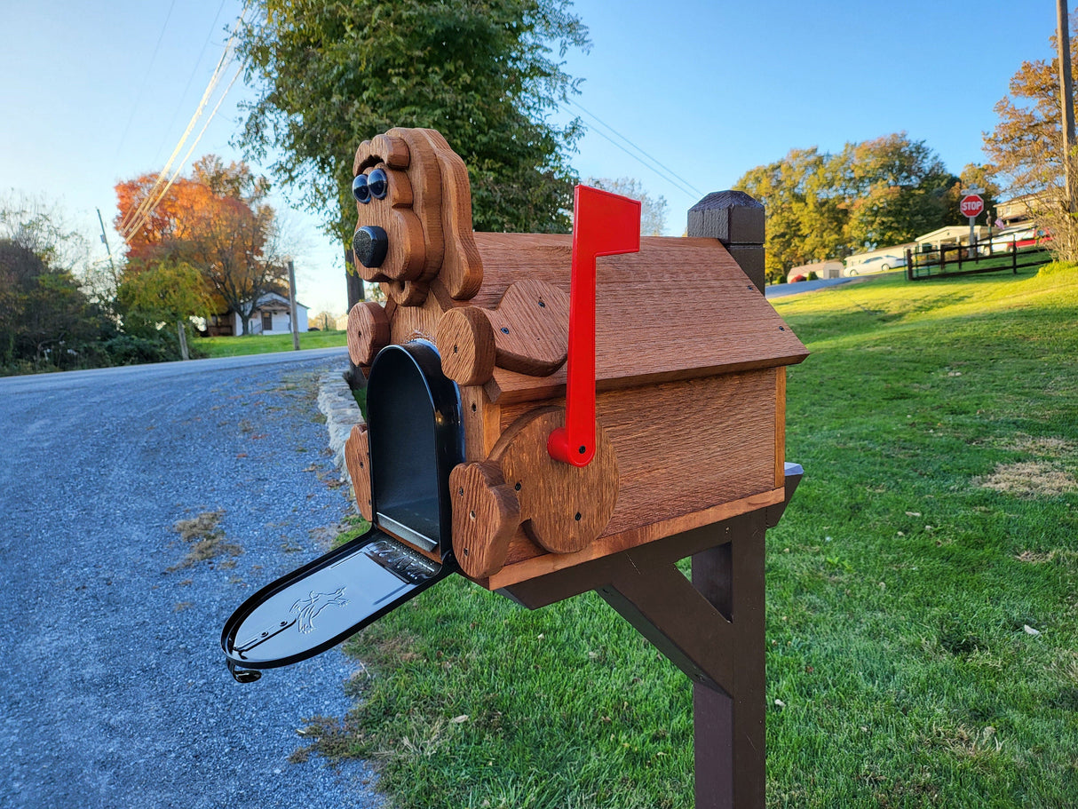 Dog Mailbox Amish Handmade, Wooden With Metal Box Insert USPS Approved - Made With Yellow Pine Rougher Head - Unique Mailboxes