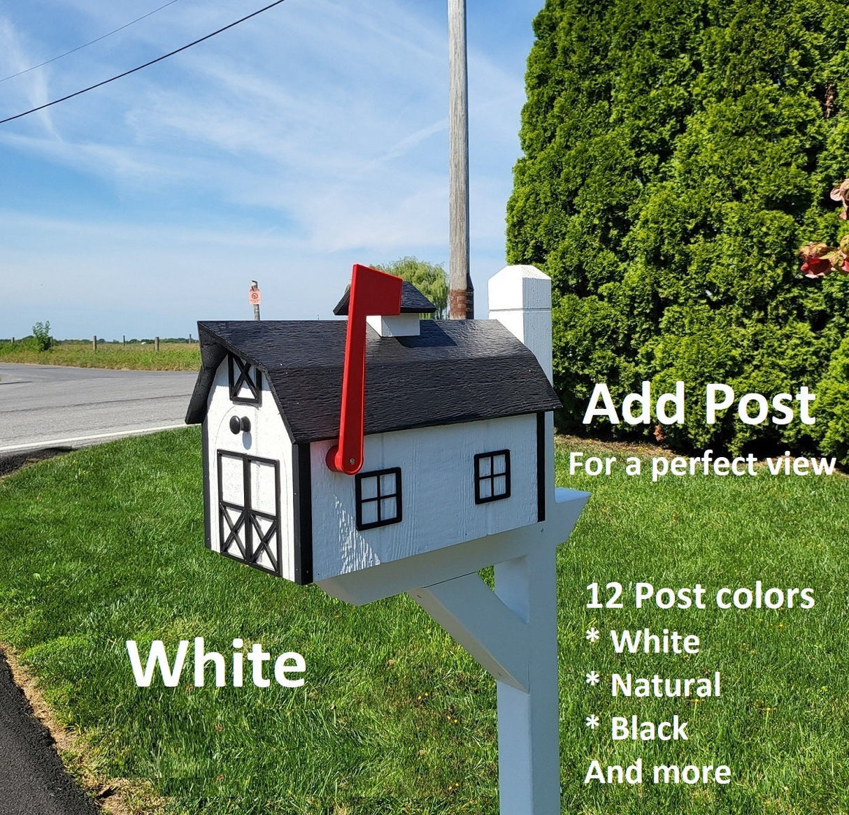 Dutch Barn Large Mailbox Amish Handmade, Choose Your Color, Amish Mailbox With Red Flag, Black Roof - Dutch Barn
