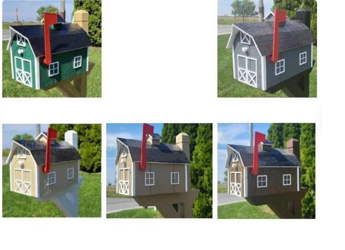 Barn Mailbox Amish Handmade, Dutch Barn Style, Choose Your Color, Wooden Amish Mailbox With Red Flag Black Roof - Dutch Barn