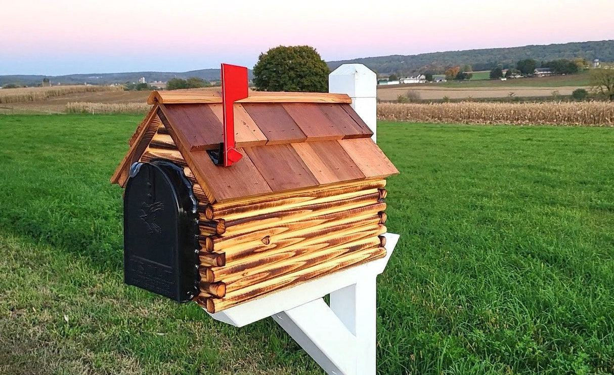 Amish Mailbox - Handmade - Log Cabin Style - Wooden - With Cedar Shake Roof and Metal Box Insert - Log Cabin + Metal Insert