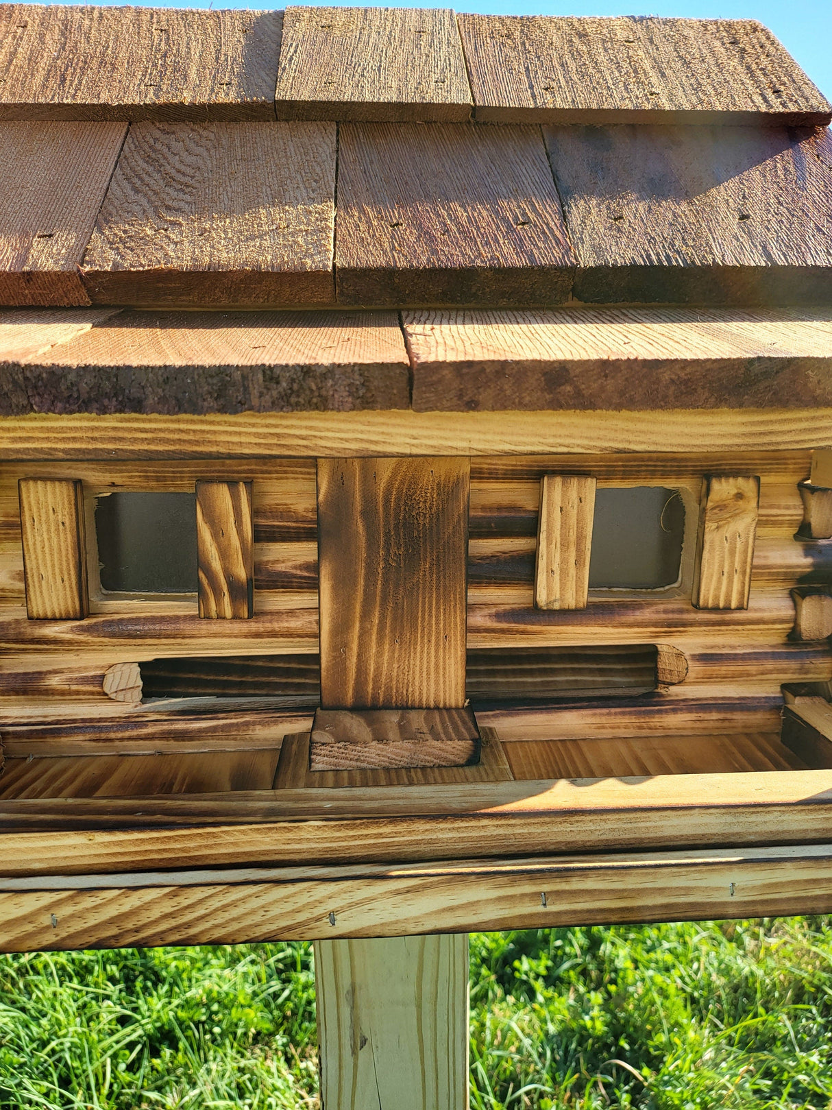 Log Cabin Bird Feeder, Amish Handmade, Waterwheel Decoration, Stone Chimney