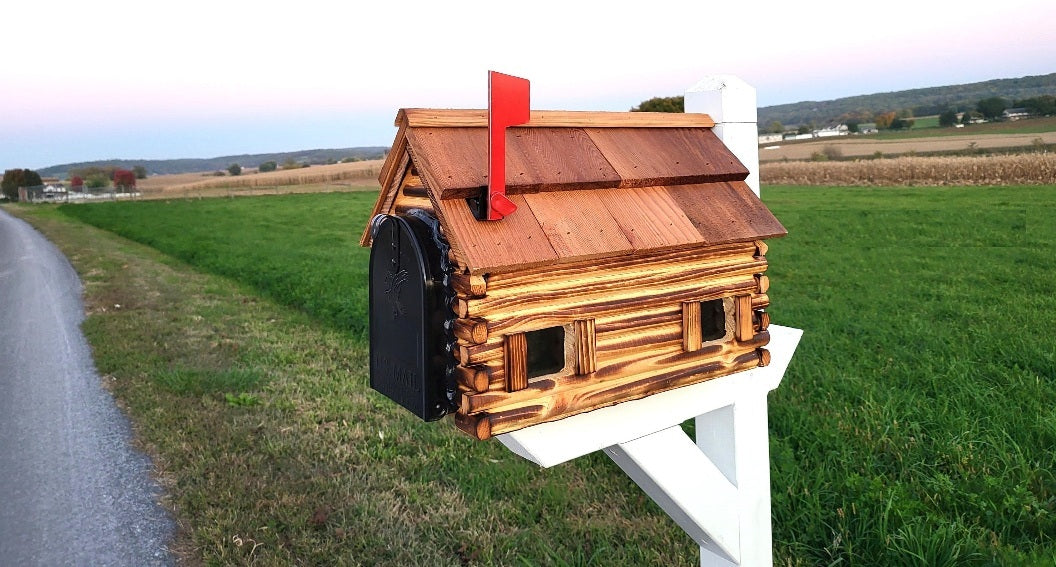 Log Cabin Mailbox Amish Handmade Wooden With Cedar Shake Roof and Metal Box Insert - Barn Mailboxes Wood