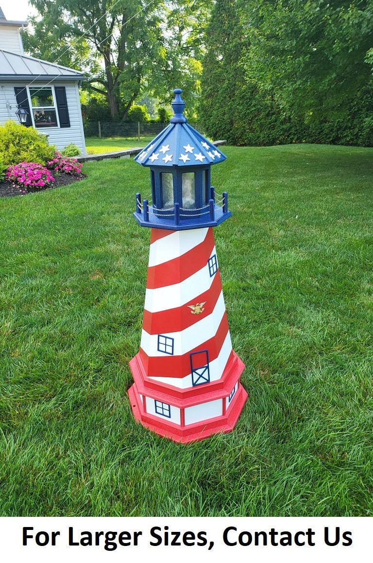 Patriotic Solar Lighthouse - Amish Handmade - Landmark Replica - Garden Decor - Garden Decoration
