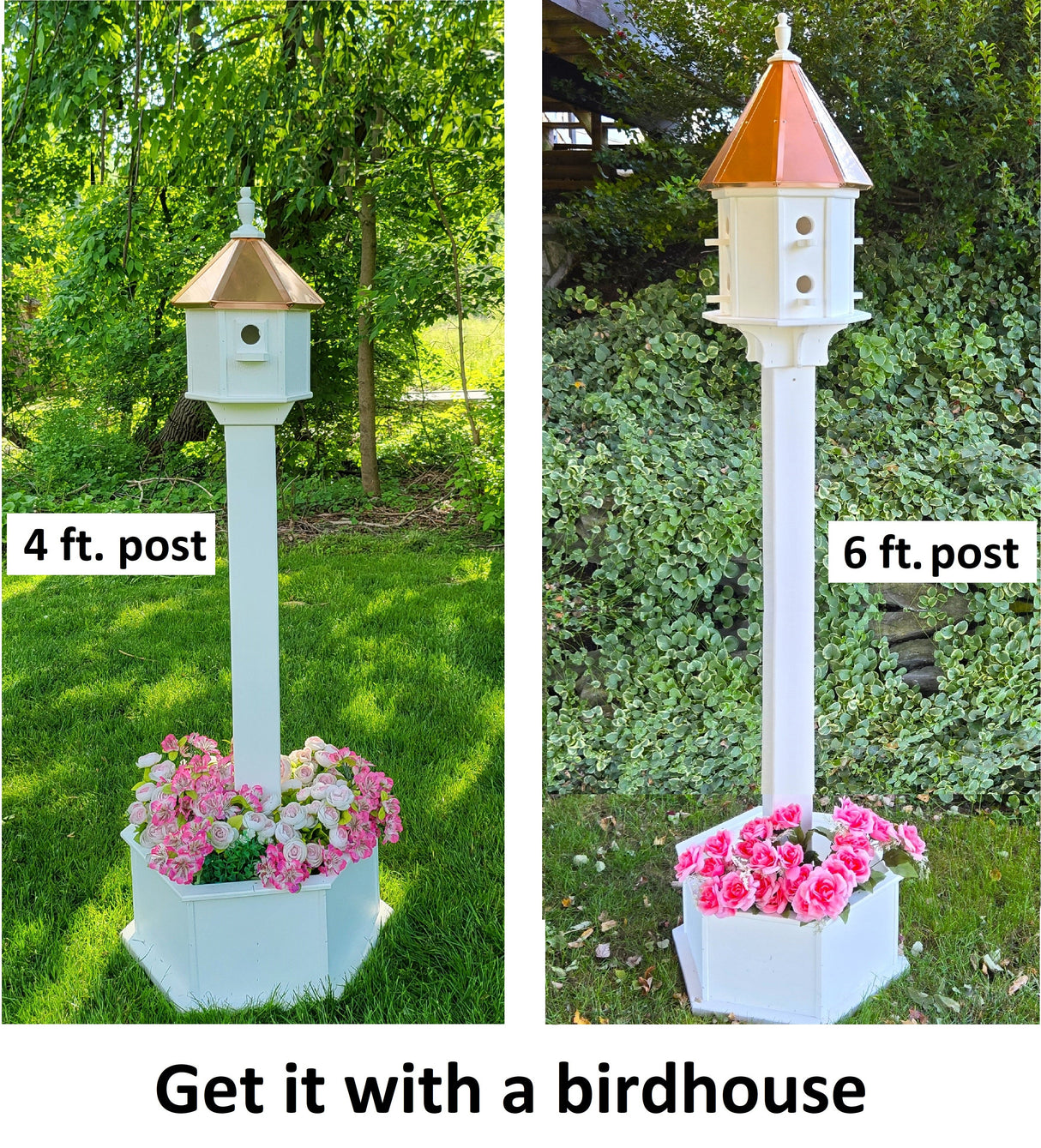 Planter Kit For Bird Feeder and Birdhouse - White - Set of Planter & Post - Amish Handmade - Bird Lovers - Flowers - Outdoor Décor