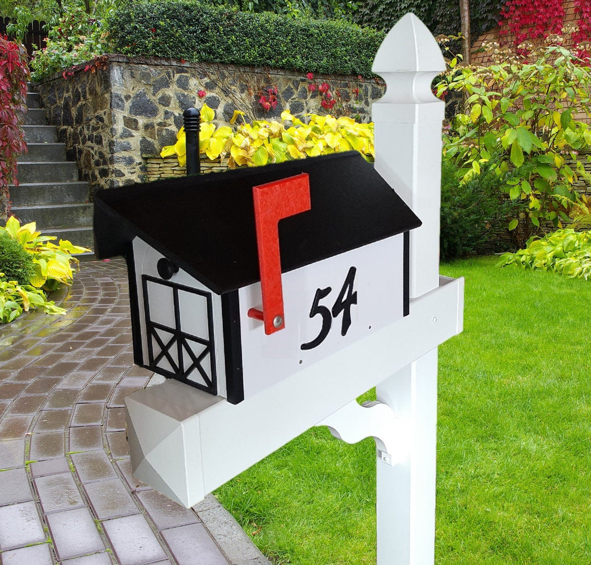 Amish Mailbox - Add Your Mailbox Number! Handmade - Poly Lumber - White With Black Trim - Weather Resistant - Barn Mailboxes Poly
