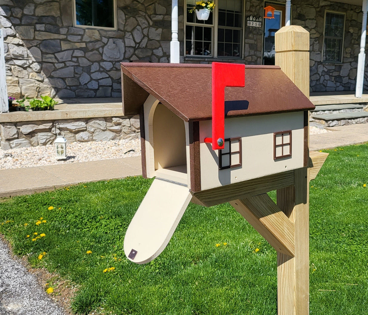 Large Mailbox Amish Handmade Ivory Box, Brown Roof and Brown Trim Poly Lumber Weather Resistant - Barn Mailboxes Poly