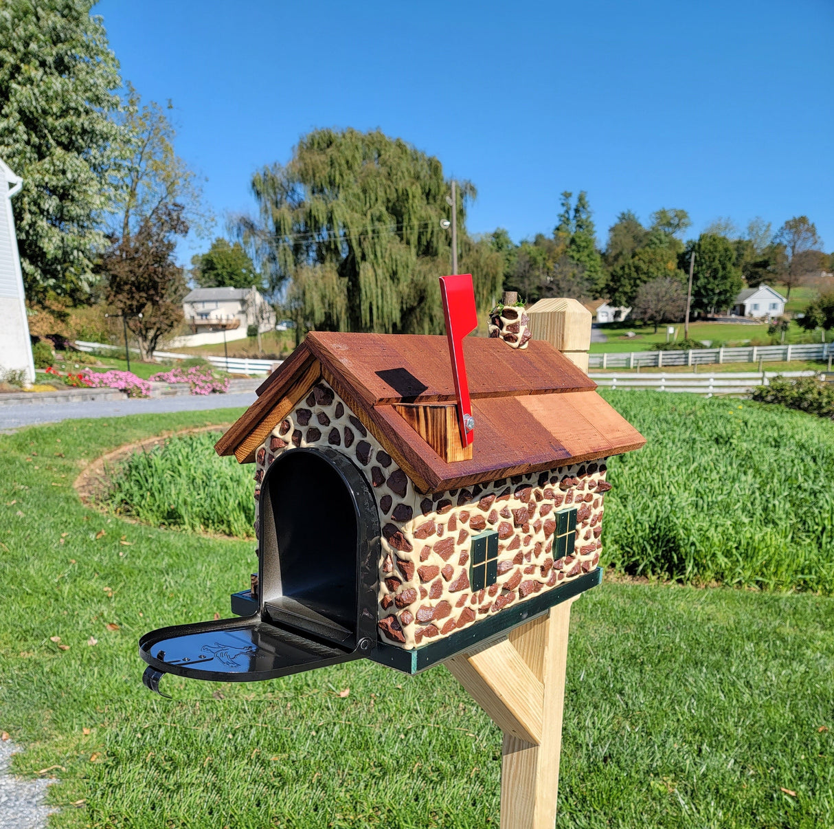 Red Stone House Mailbox, Amish Made Wooden With Cedar Shake Roof and USPS Approved Metal Insert - Barn Mailboxes Stone
