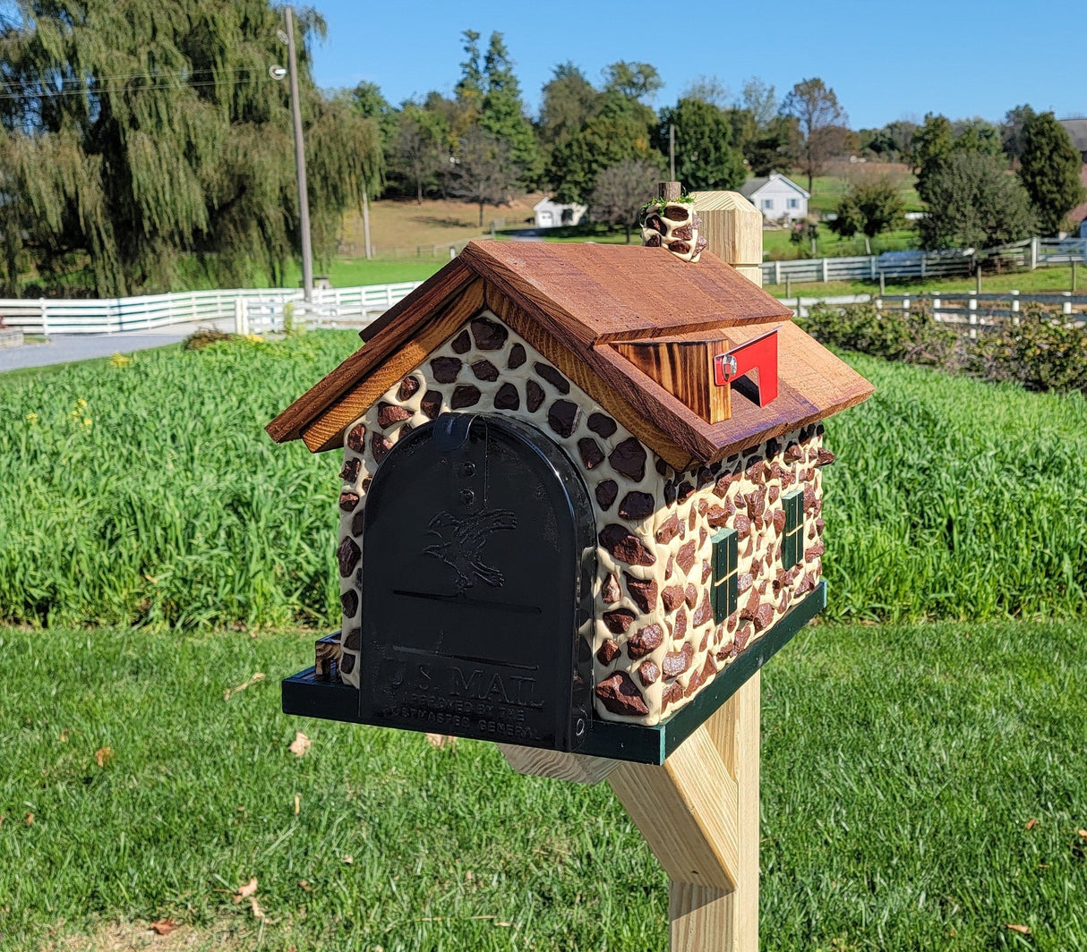 Red Stone House Mailbox, Amish Made Wooden With Cedar Shake Roof and USPS Approved Metal Insert - Barn Mailboxes Stone