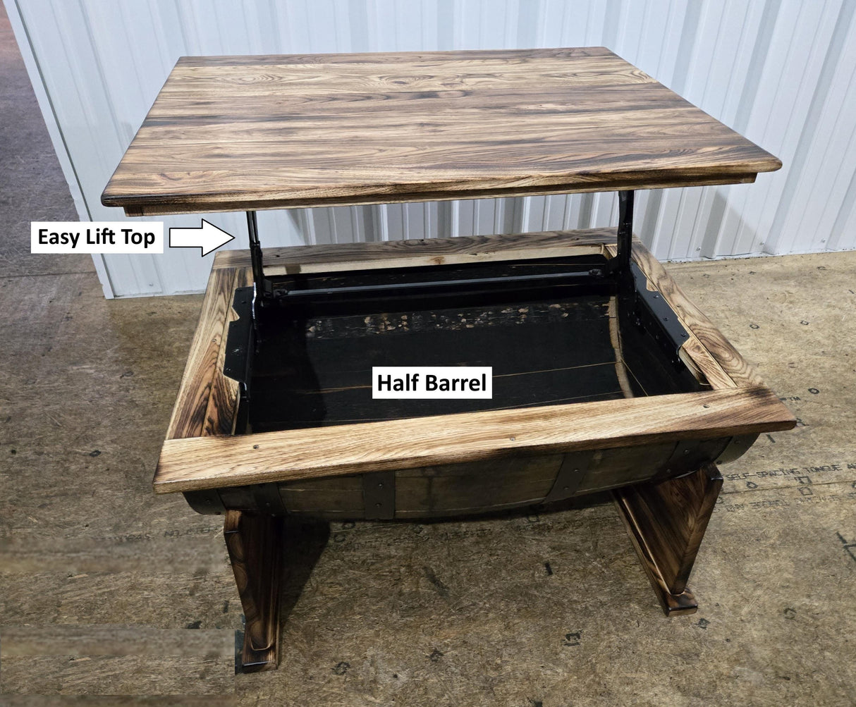 Whiskey Barrel Coffee Table - Amish Handmade - Table with Storage - Furniture - Lift Top Table - Barrel - Wine Barrel Whiskey Odor - Rustic