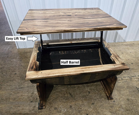 Whiskey Barrel Coffee Table - Amish Handmade - Table with Storage - Furniture - Lift Top Table - Barrel - Wine Barrel Whiskey Odor - Rustic