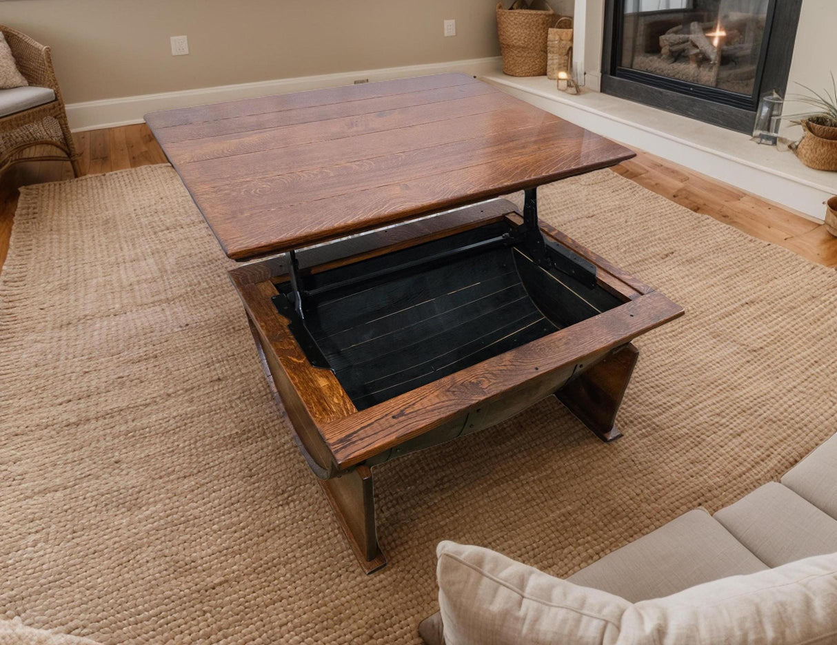 Whiskey Barrel Coffee Table - Amish Handmade - Table with Storage - Furniture - Lift Top Table - Barrel - Wine Barrel Whiskey Odor - Rustic