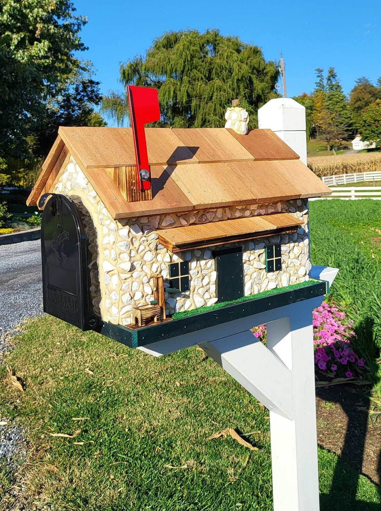 White Stone House Mailbox, Amish Made Wooden With Cedar Shake Roof and USPS Approved Metal Insert, Green Trim - Barn Mailboxes Stone