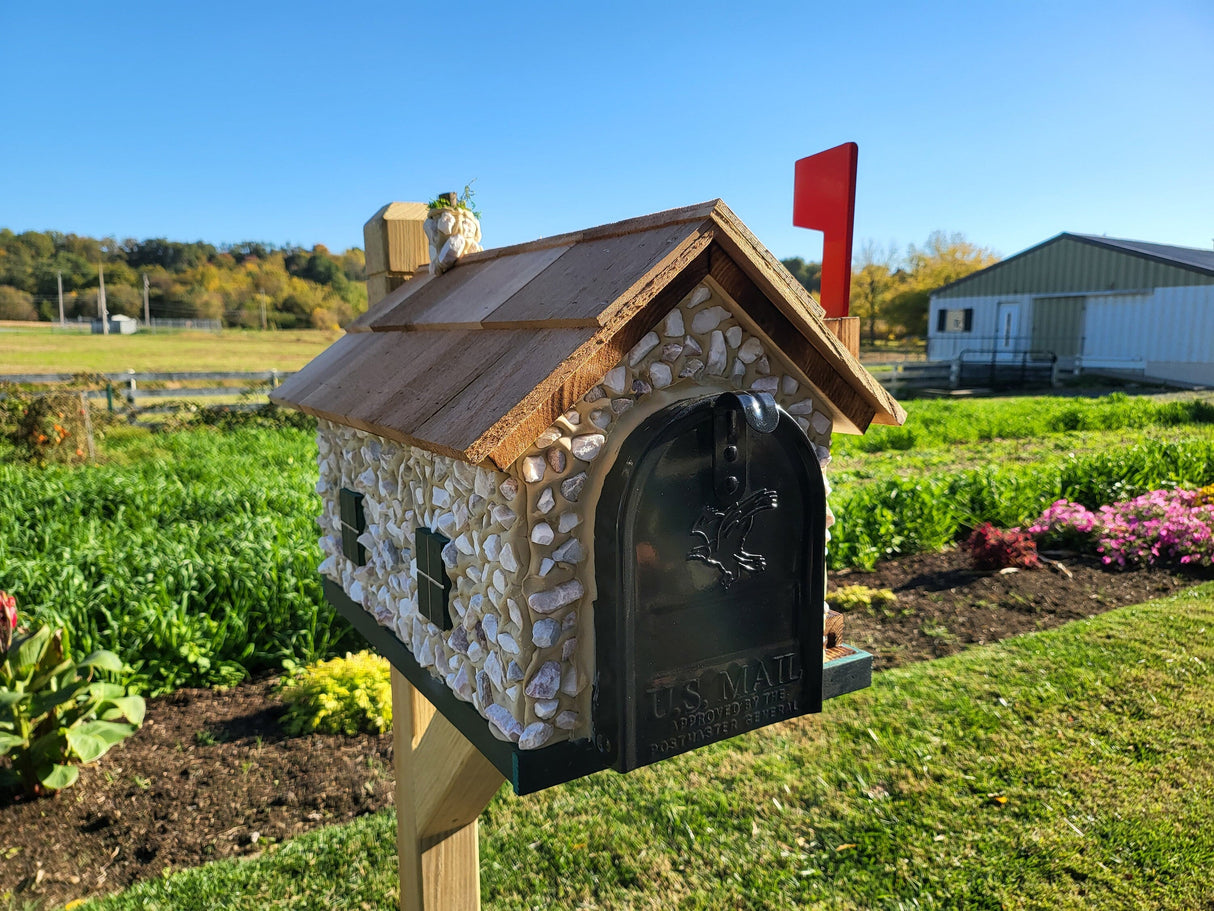 White Stone House Mailbox, Amish Made Wooden With Cedar Shake Roof and USPS Approved Metal Insert, Green Trim - Barn Mailboxes Stone