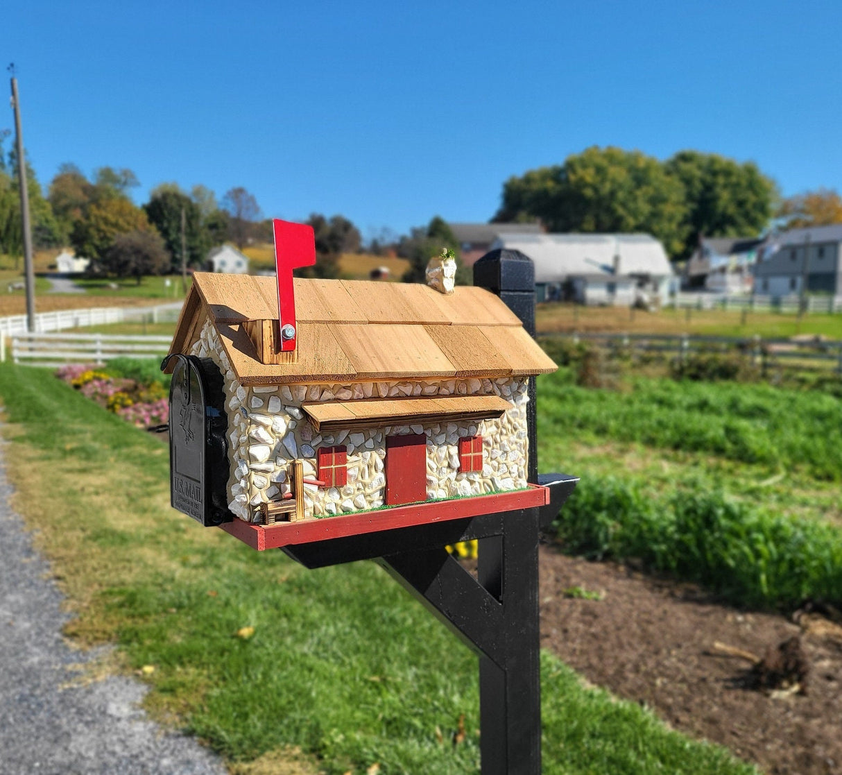 Mailbox + Post Set, White Stone House Mailbox, Amish Made + Custom Painted Post, With USPS Approved Metal Insert, Red Trim - Barn Mailboxes Stone