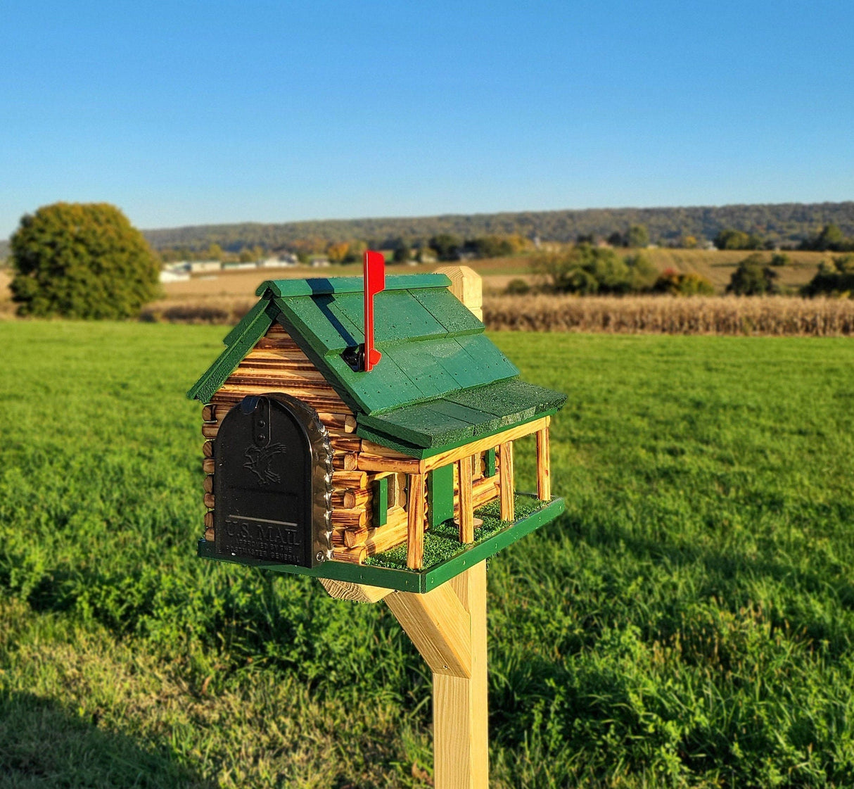 Amish Mailbox - Handmade - Log Cabin Style - Wooden with Metal USPS Approved Mailbox - Outdoor - Log Cabin + Metal Insert