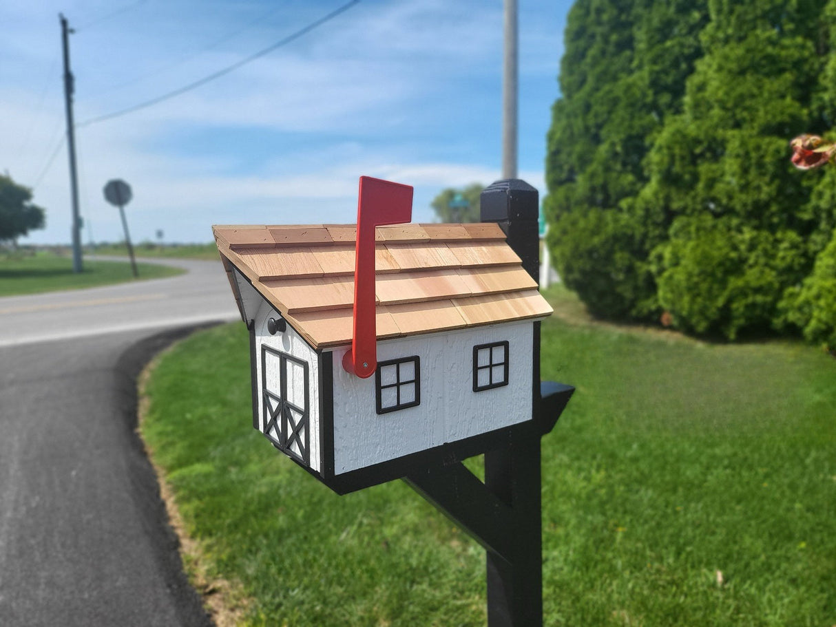 Amish Mailbox - Handmade - Barn Style - Wooden - Tall Prominent Sturdy Flag - Cedar Shake Shingles Roof- Amish Outdoor Mailbox Color Options