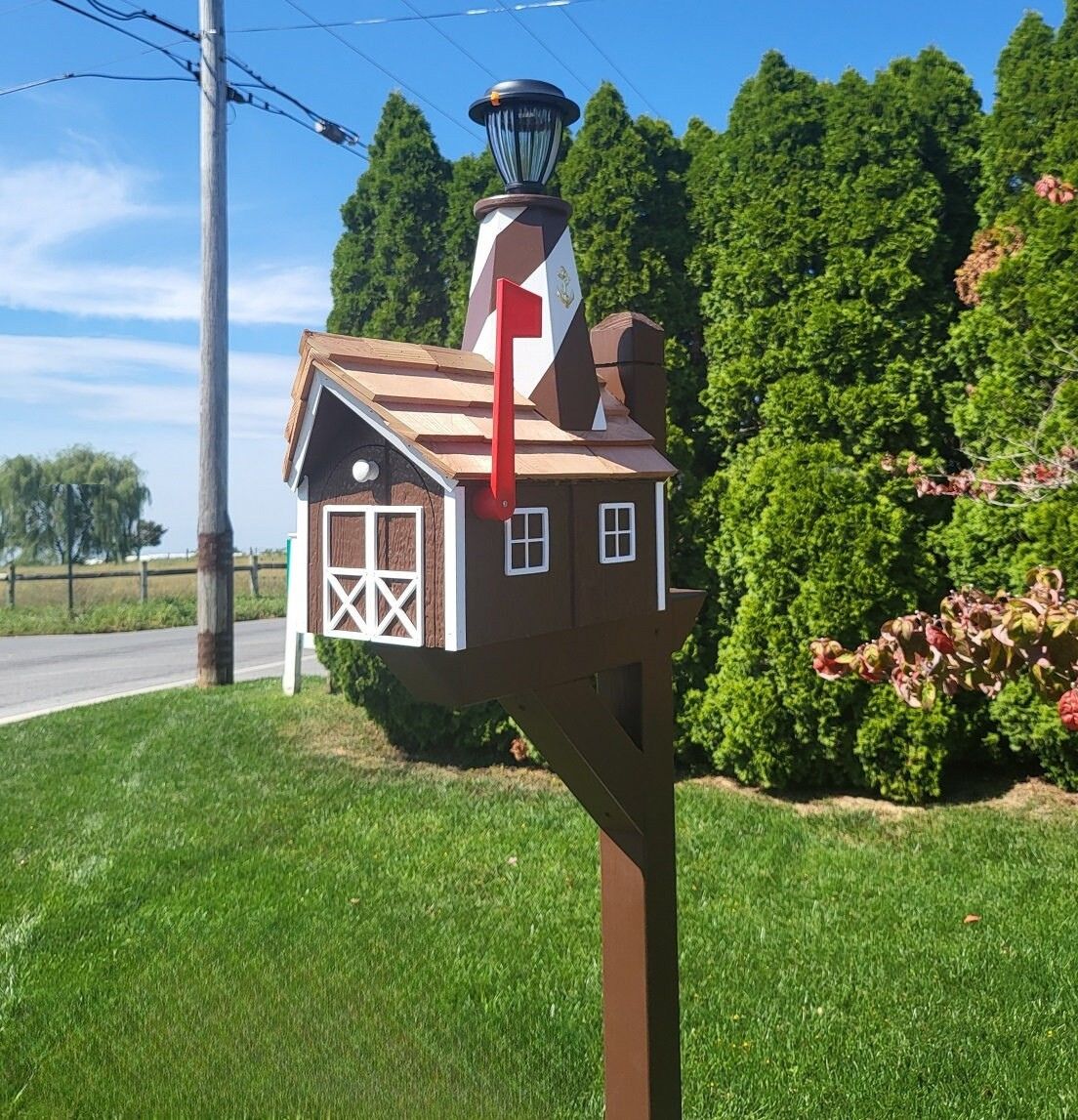 Amish Mailbox - Handmade - With Solar Lighthouse - Wooden - With Cedar Shake Shingles Roof - Color Options - Lighthouse Mailboxes