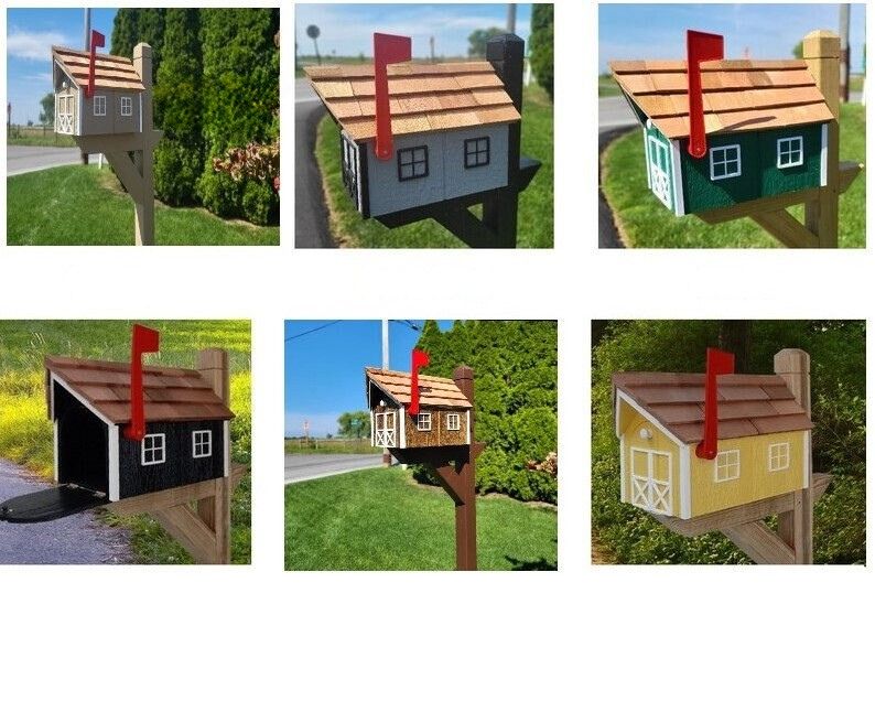 Amish Mailbox - Handmade - Barn Style - Wooden - Tall Prominent Sturdy Flag - Cedar Shake Shingles Roof- Amish Outdoor Mailbox Color Options