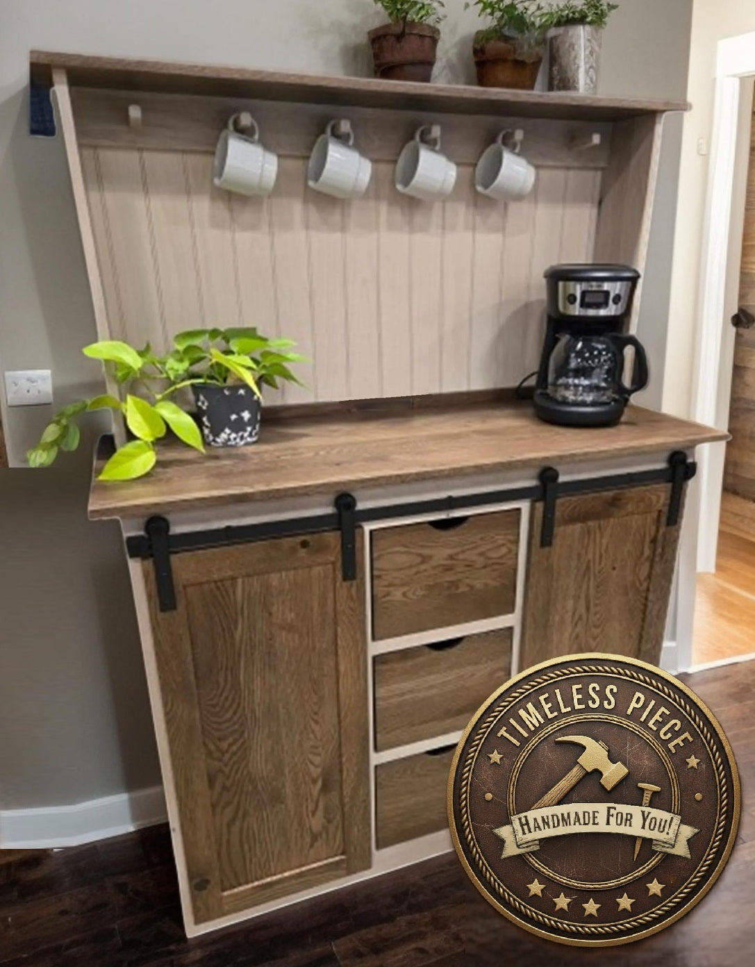 Amish Handmade Coffee Nook - X Large Coffee Bar Station - Farmhouse Coffee Cart - Kitchen Coffee Cabinet - Cupboard Rustic - Multipurpose