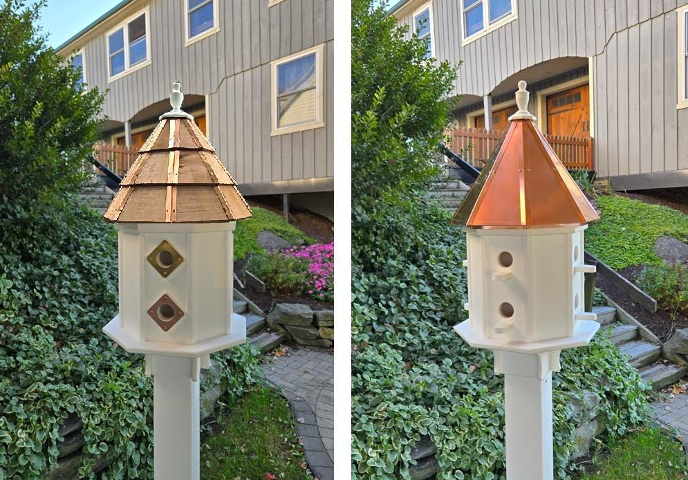 Birdhouse Copper Roof/Cedar Roof With Predator Guards + Perches Combo Handmade 2-8 Nesting Compartments, Large, Poly, Bird Lovers