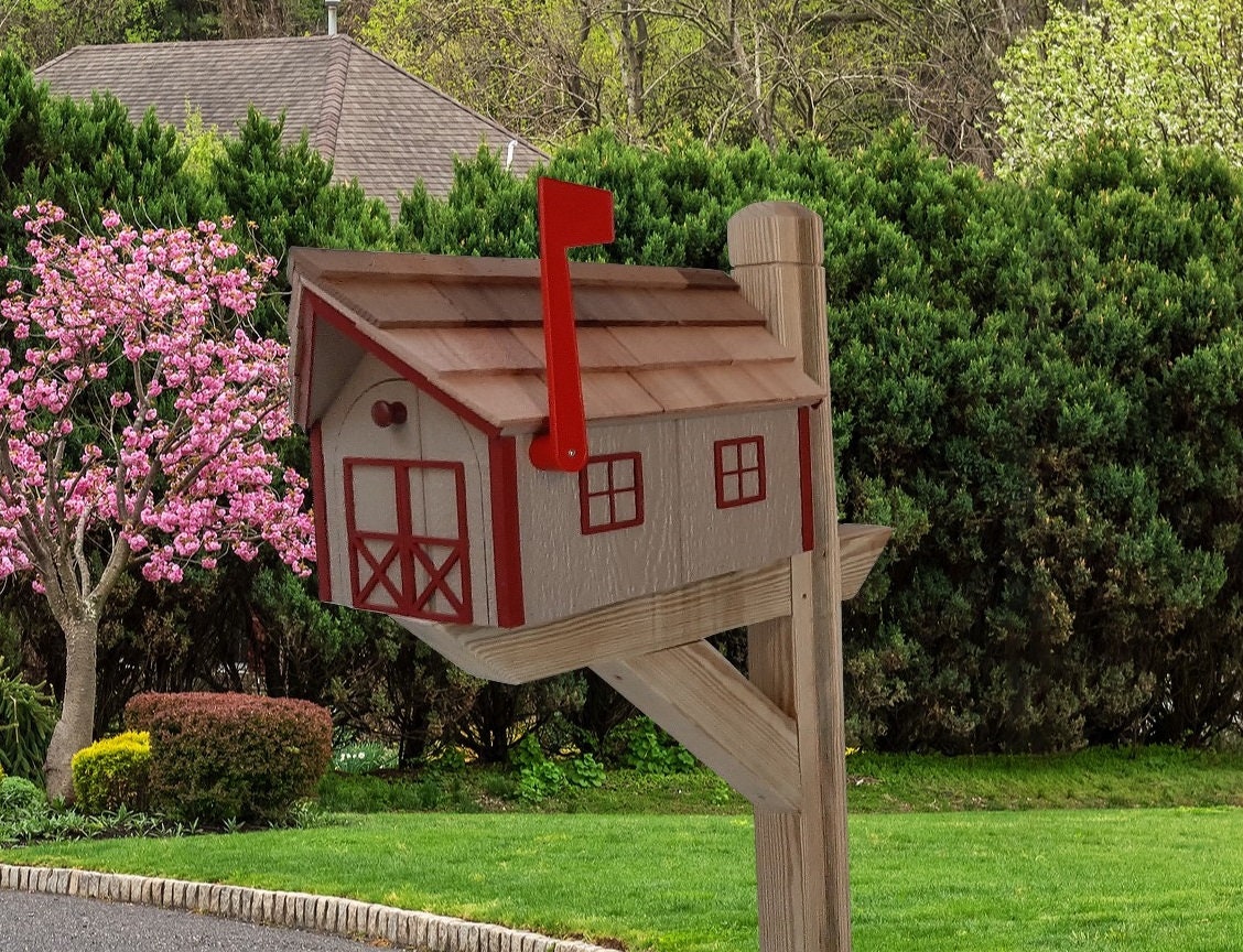 Barn Mailbox - Handmade - Wooden - Rustic - Clay - Amish - With a Tall Prominent Sturdy Flag - Rural - Cedar - Mailbox - on - post - Barn Mailboxes Wood