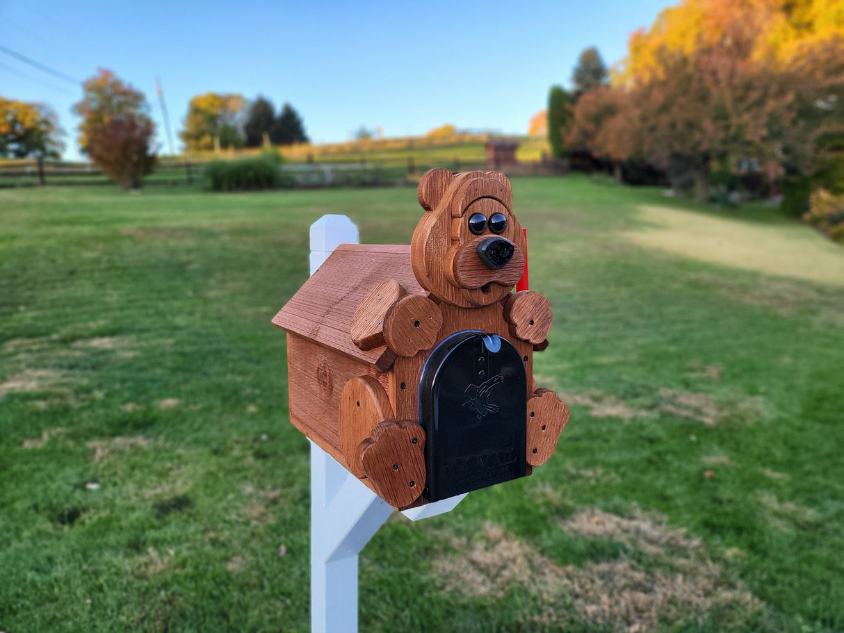 Bear Mailbox Amish Handmade, Wooden With Metal Box Insert USPS Approved - Made With Yellow Pine Rougher Head - Unique Mailboxes