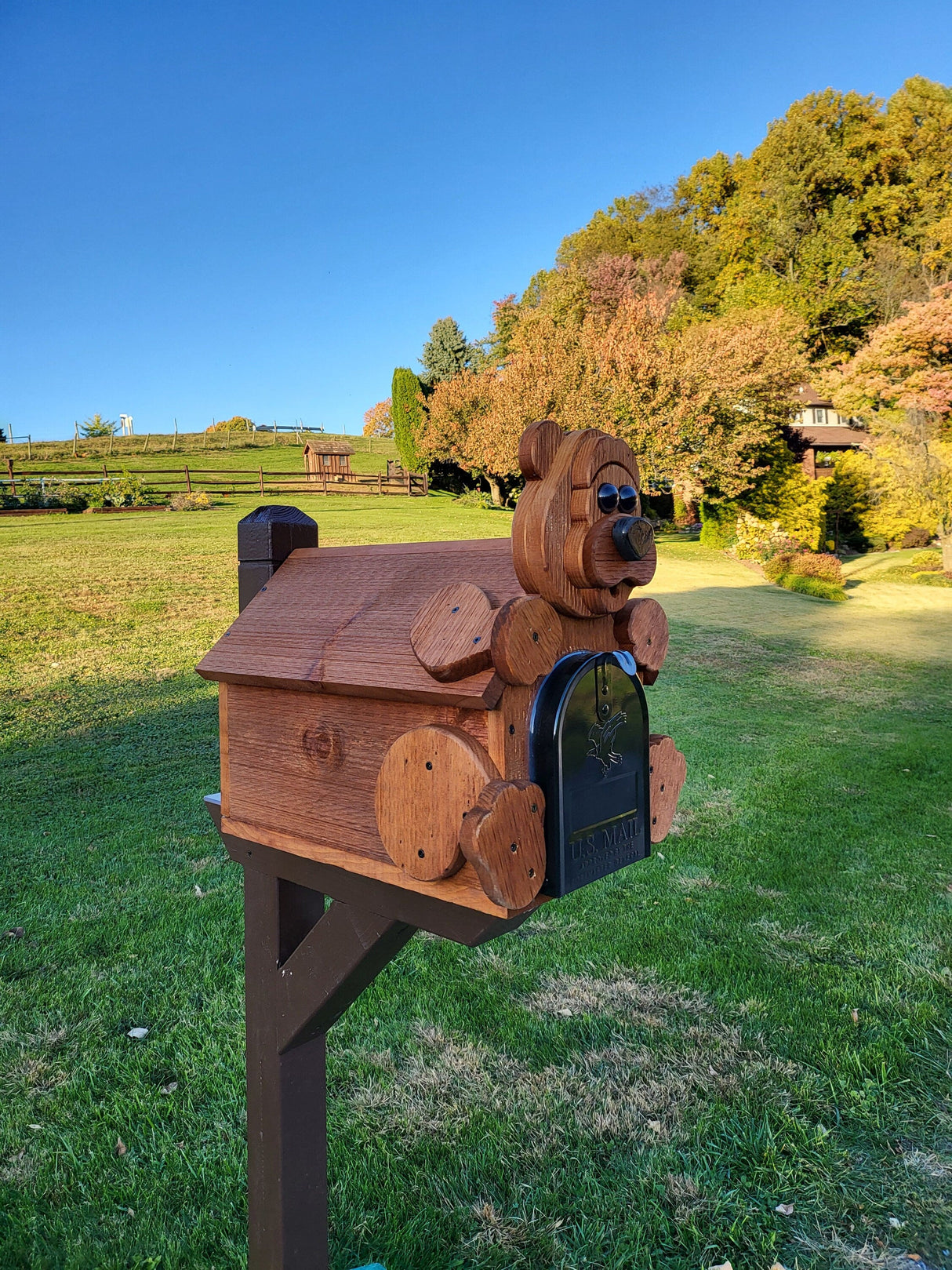 Bear Mailbox Amish Handmade, Wooden With Metal Box Insert USPS Approved - Made With Yellow Pine Rougher Head - Unique Mailboxes