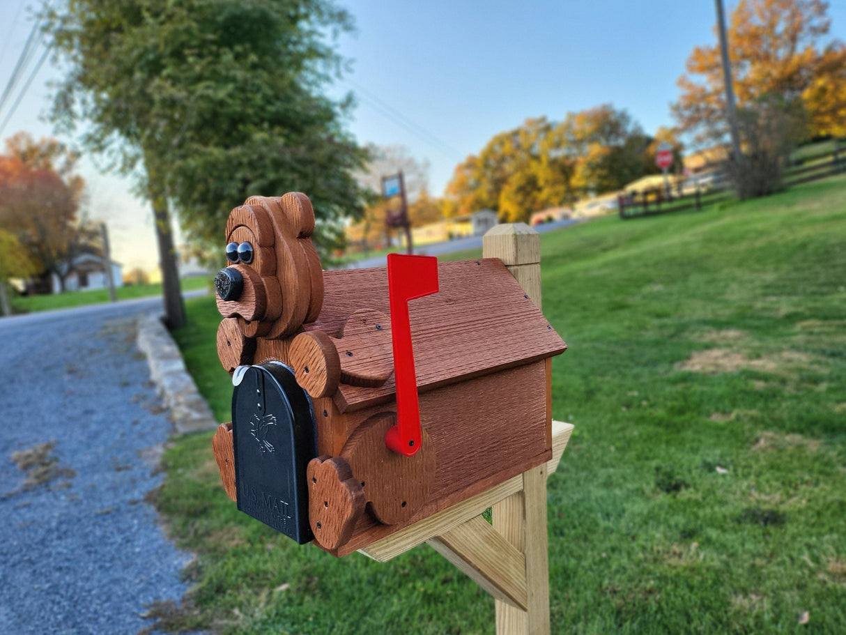 Bear Mailbox Amish Handmade, Wooden With Metal Box Insert USPS Approved - Made With Yellow Pine Rougher Head - Unique Mailboxes
