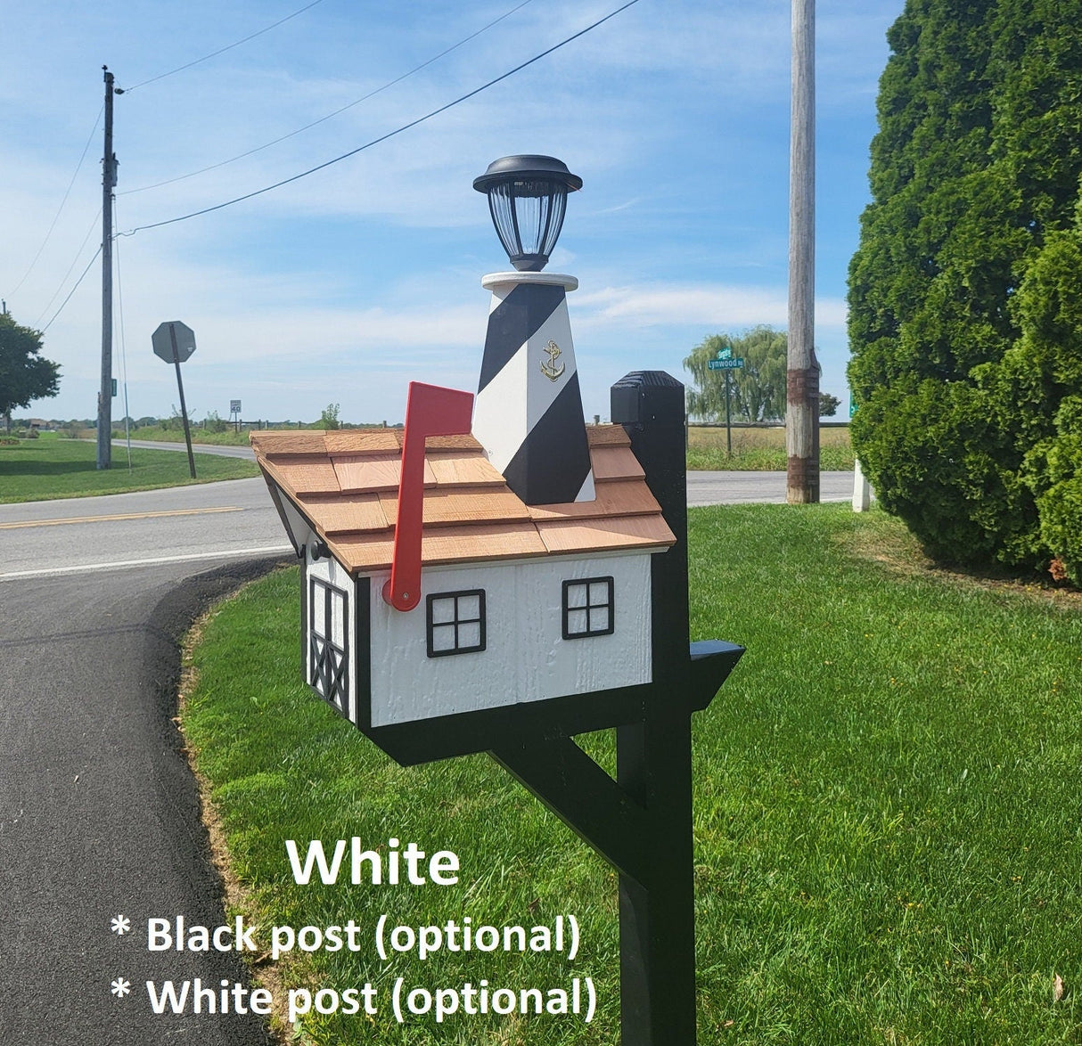 Amish Mailbox - Handmade - With Solar Lighthouse - Wooden - With Cedar Shake Shingles Roof - Color Options