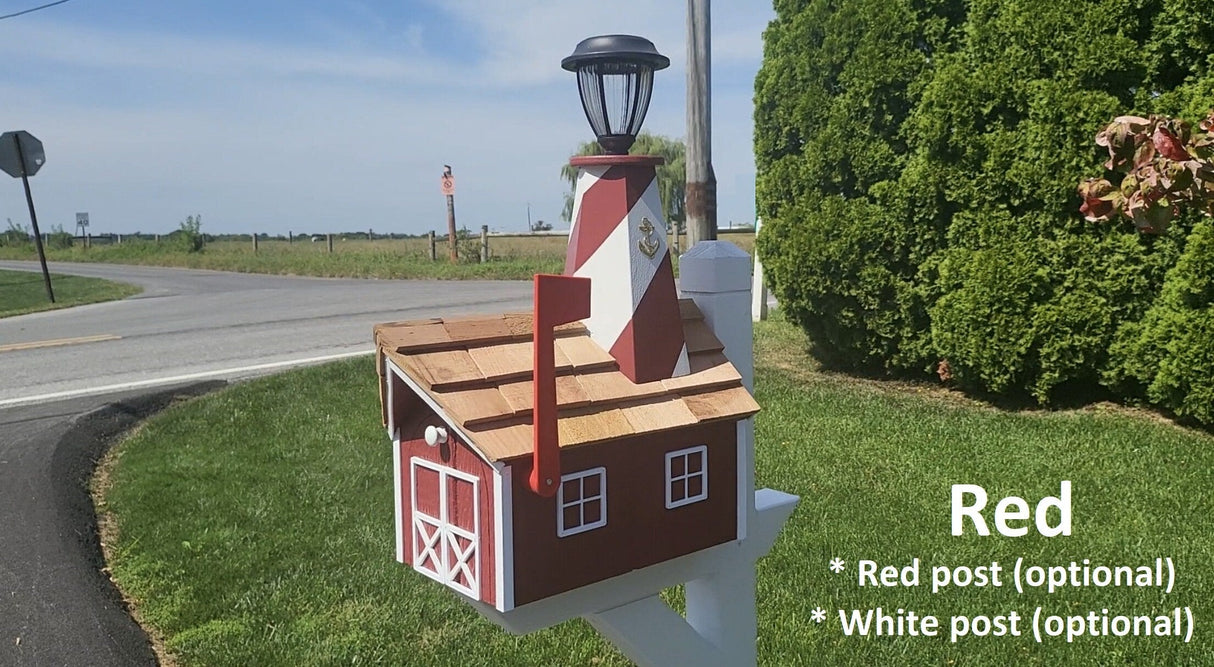 Amish Mailbox - Handmade - With Solar Lighthouse - Wooden - With Cedar Shake Shingles Roof - Color Options