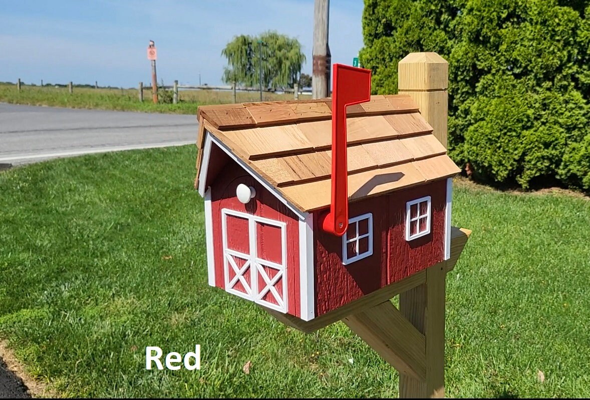 Amish Mailbox - Handmade - Free Shipping - Wooden - Tall Prominent Sturdy Flag - Cedar Shake Shingles - Amish Outdoor Mailbox Color Options