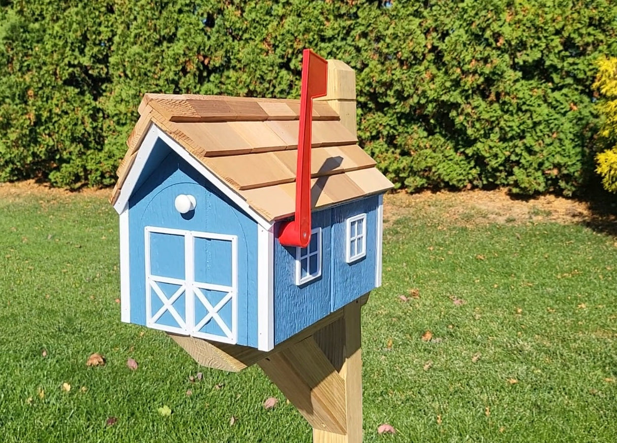 Amish Mailbox - Handmade - Barn Style - Wooden - Tall Prominent Sturdy Flag - With Cedar Shake Shingles Roof - Amish Outdoor Mailbox - Barn Mailboxes Wood