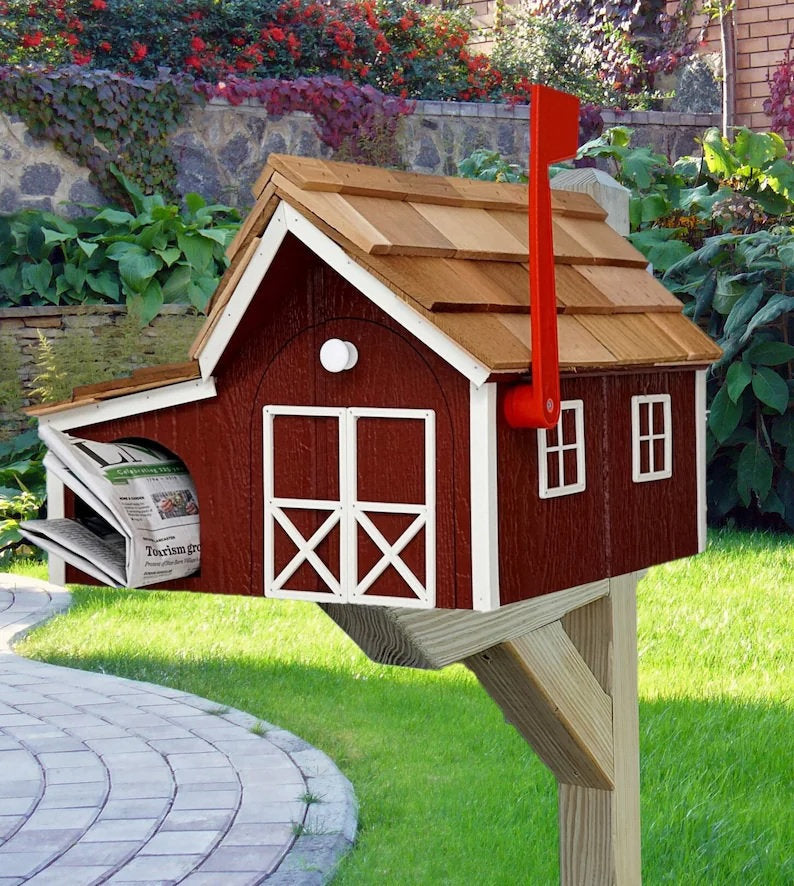 Amish Mailbox with Newspaper Holder, Handmade Wooden Barn Style Mailbox With Cedar Shake Roof and a Tall Prominent Sturdy Flag