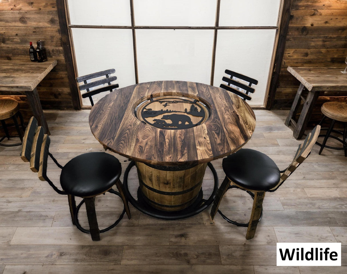 Barrel Bar Table - Amish Handmade - Counter Table - Bar Chairs - Farmhouse Furniture - Swivel Chairs - Cushion Seat - Whiskey Barrel- Rustic