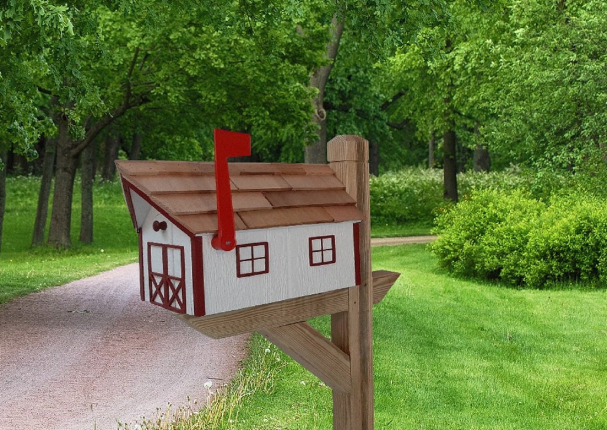 White Mailbox Amish Handmade - Barn Style - Wooden - Tall Prominent Sturdy Flag - With Cedar Shake Shingles Roof - Barn Mailboxes Wood