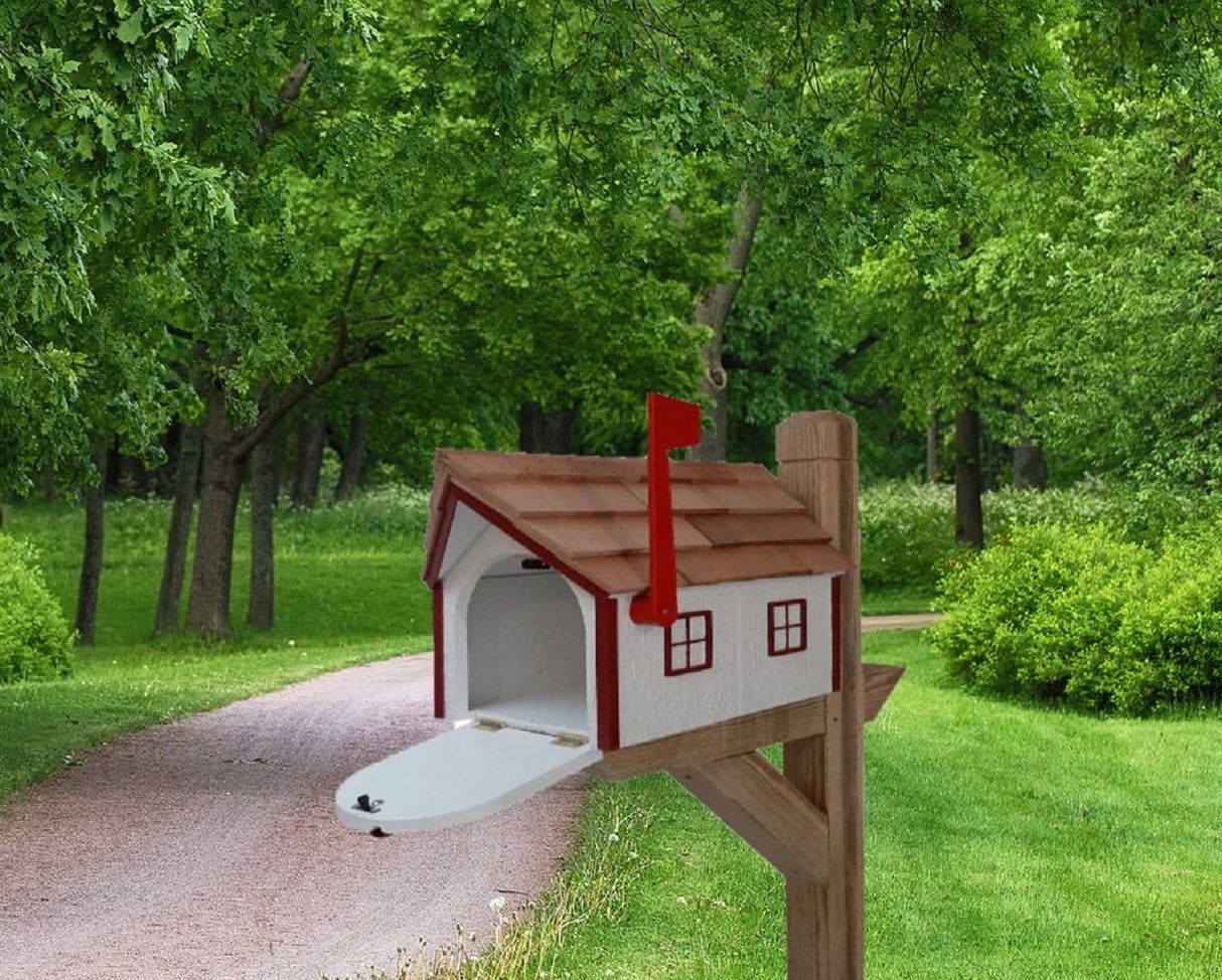 White Mailbox Amish Handmade - Barn Style - Wooden - Tall Prominent Sturdy Flag - With Cedar Shake Shingles Roof - Barn Mailboxes Wood