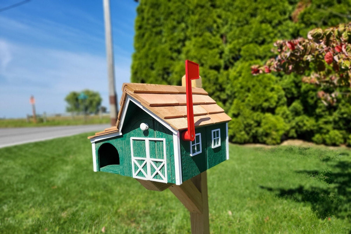 Amish barn Mailbox with Newspaper Holder, Handmade, Wooden Mailbox With Cedar Shake Roof and a Tall Prominent Sturdy Flag