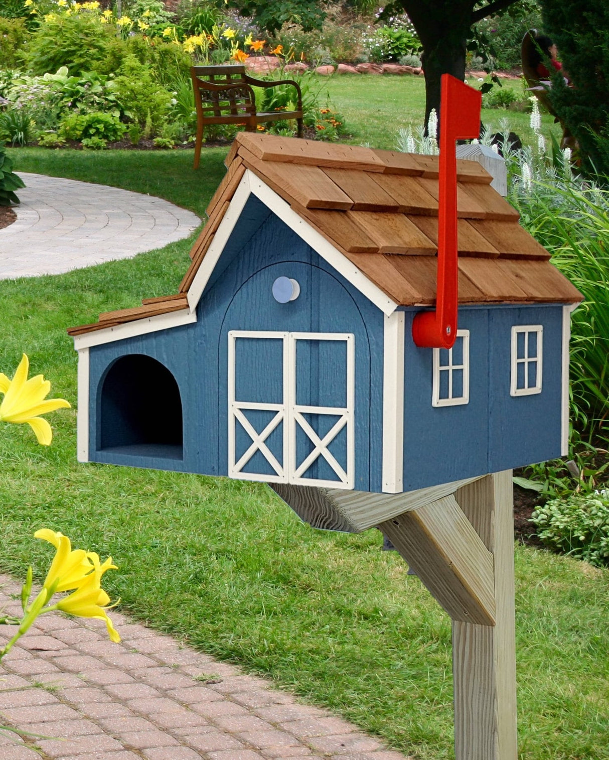 Amish barn Mailbox with Newspaper Holder, Handmade, Wooden Mailbox With Cedar Shake Roof and a Tall Prominent Sturdy Flag