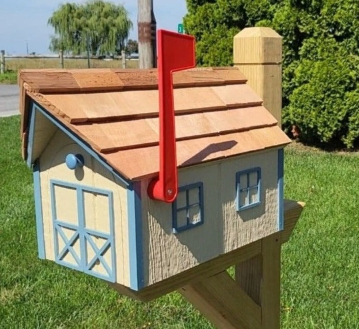 Amish Mailbox - Handmade - Wooden - Barn Style - Beige - With a Tall Prominent Sturdy Flag - With Cedar Shake Shingles Roof -